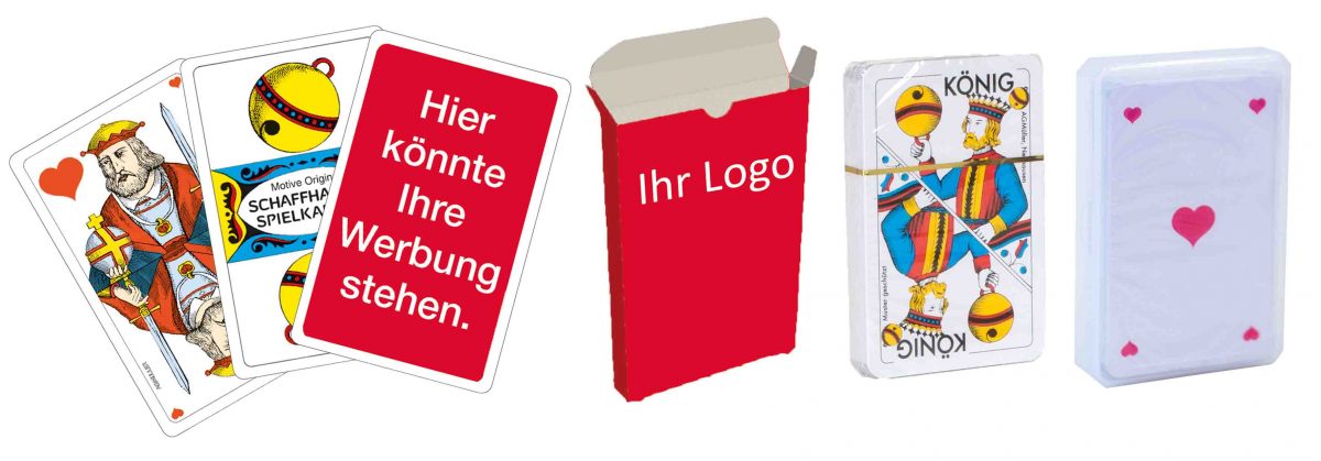 Werbe-Jasskarten, Kartonfalt-Etui, Cellophan, Plastik-Box